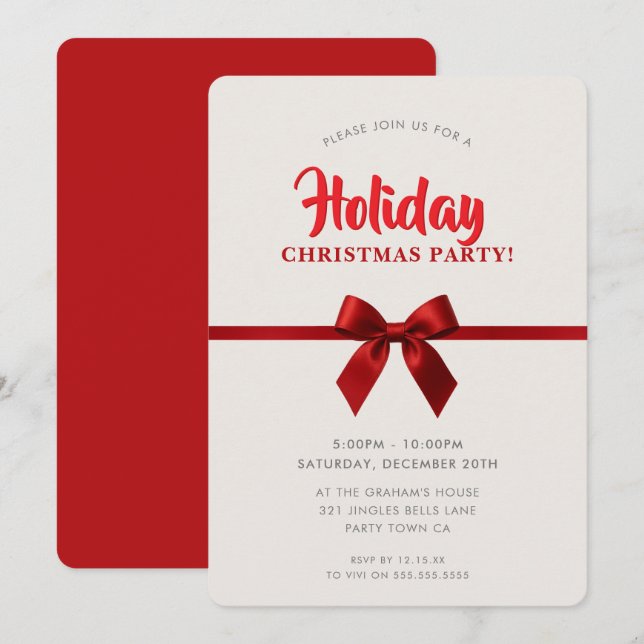 Cartes Pour Fêtes Annuelles CHRISTMAS PARTY modern elegant red ribbon bow (Devant / Derrière)