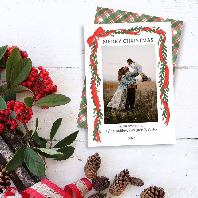 Cartes Pour Fêtes Annuelles Christmas Photo Card - Classic Red Bow & Greenery (Créateur téléchargé)