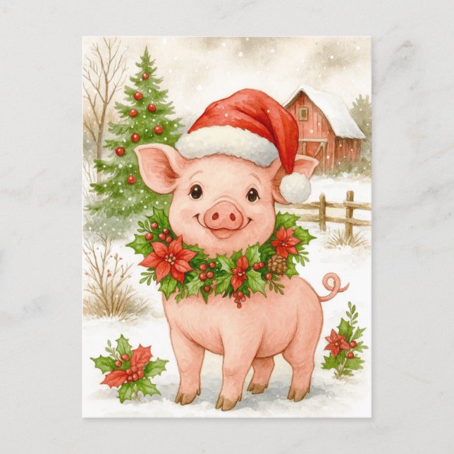 Cartes Pour Fêtes Annuelles Christmas Piglet Watercolor Postcard (Devant)