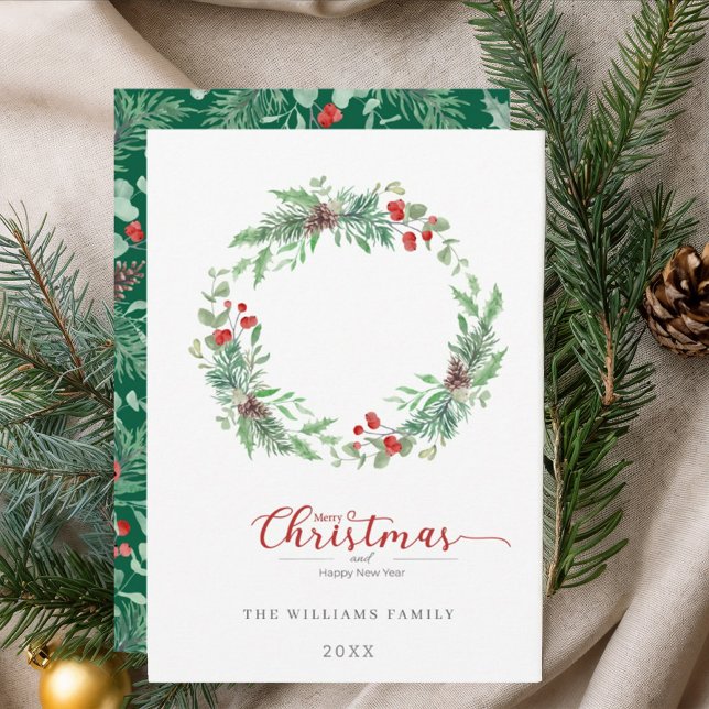Cartes Pour Fêtes Annuelles Christmas Pine and Holly  wreath Flat Holiday Card (Créateur téléchargé)