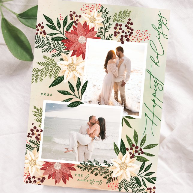 Cartes Pour Fêtes Annuelles Christmas Poinsettia Botanical Photo Collage Happy (Christmas Poinsettia Splendor Photo Collage Happy Holiday Card)