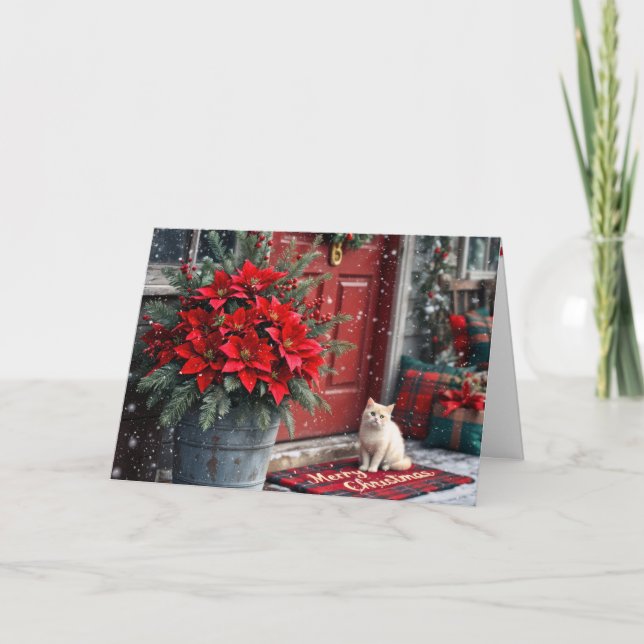 Cartes Pour Fêtes Annuelles Christmas Poinsettias and White Cat On Doormat (Devant)