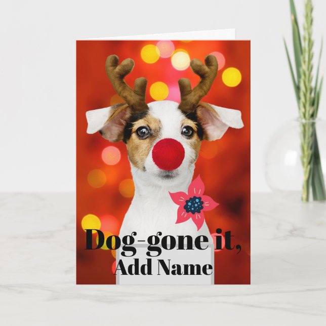 Cartes Pour Fêtes Annuelles Christmas Pup Antlers Add Name Holiday Card (Devant)