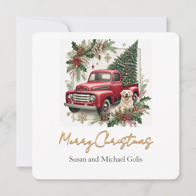 Cartes Pour Fêtes Annuelles Christmas Red Truck with Greenery Gold  Font  (Devant)