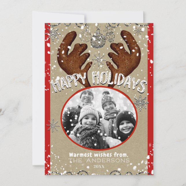 Cartes Pour Fêtes Annuelles Christmas Reindee Winter Snowflakes Holiday Photo (Devant)