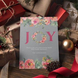 Cartes Pour Fêtes Annuelles Christmas Rose Joy Wreath Botanical Holiday Card