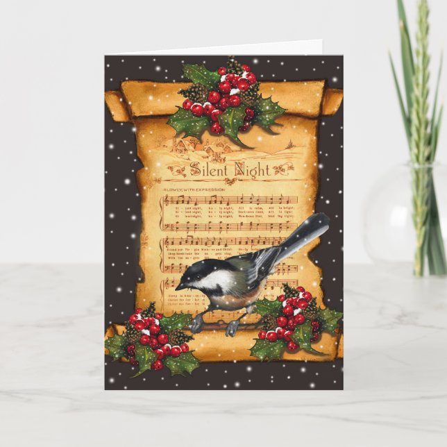 Cartes Pour Fêtes Annuelles Christmas : Silent Night Sheet Music, Scroll, Bird (Devant)