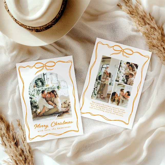 Cartes Pour Fêtes Annuelles Christmas Whimsical Photo Hand-Drawn Bow Ribbon (Créateur téléchargé)
