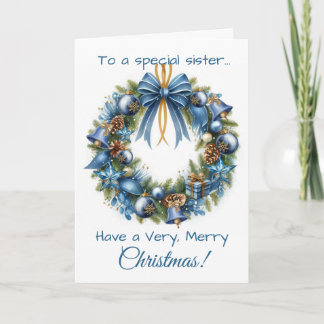 Cartes Pour Fêtes Annuelles Christmas Wreath in Blue & Gold Card for Sister