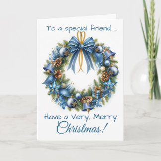 Cartes Pour Fêtes Annuelles Christmas Wreath in Blue & Gold for Friend