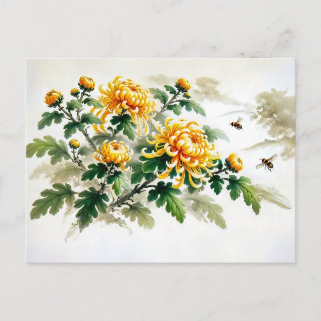 Cartes Pour Fêtes Annuelles Chrysanthèmes jaunes Peinture d'encre asiatique (Devant)