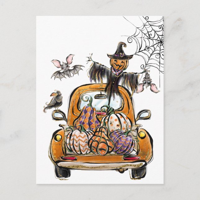 Cartes Pour Fêtes Annuelles Chute Citrouille Patuck avec chauve-souris épouvan (Devant)