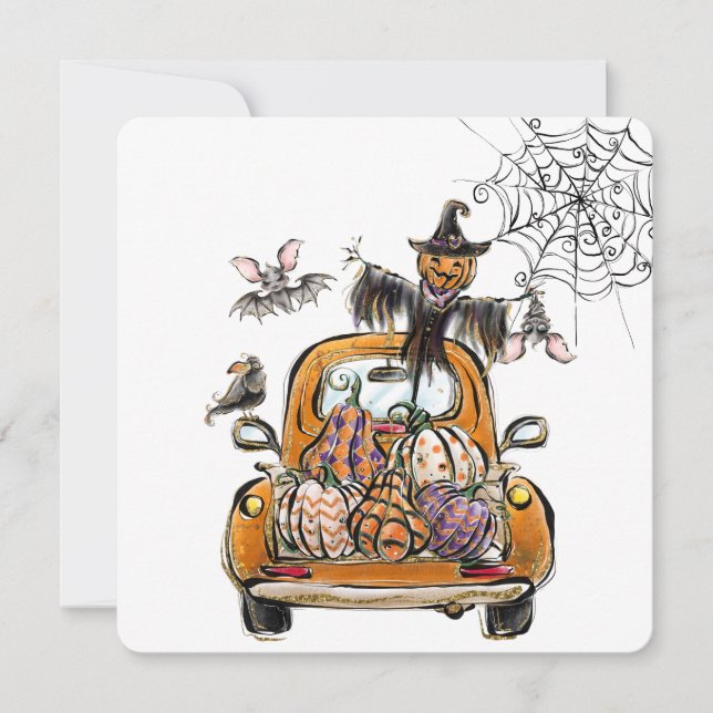 Cartes Pour Fêtes Annuelles Chute Citrouille Patuck avec chauve-souris épouvan (Devant)