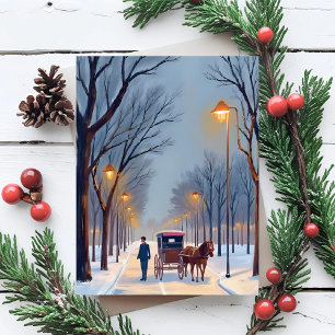 Cartes Pour Fêtes Annuelles Chute de neige à Boston aquarelle vintage