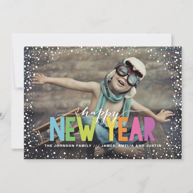 Cartes Pour Fêtes Annuelles Chute de neige colorée Bonne année photo (Devant)