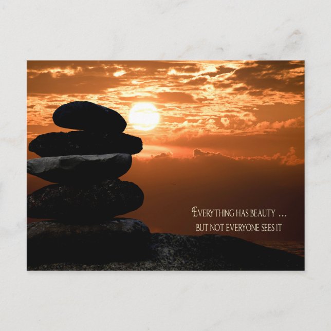 Cartes Pour Fêtes Annuelles Citation avec cairn et ciel couché de soleil (Devant)