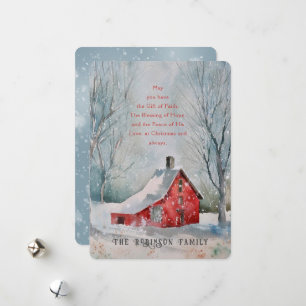 Cartes Pour Fêtes Annuelles Citation de Noël Maison de la ferme rouge Snow Win