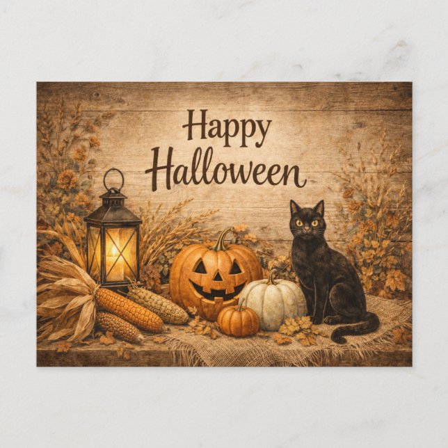 Cartes Pour Fêtes Annuelles Citrouille Halloween Chat Noir Rustique (Devant)