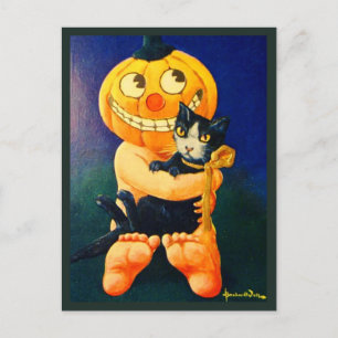 Cartes Pour Fêtes Annuelles Citrouille Head Boy Holding Chat - Halloween Vinta