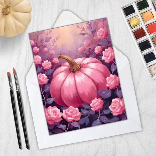 Cartes Pour Fêtes Annuelles Citrouille rose Floral Halloween Thanksgiving (Créateur téléchargé)