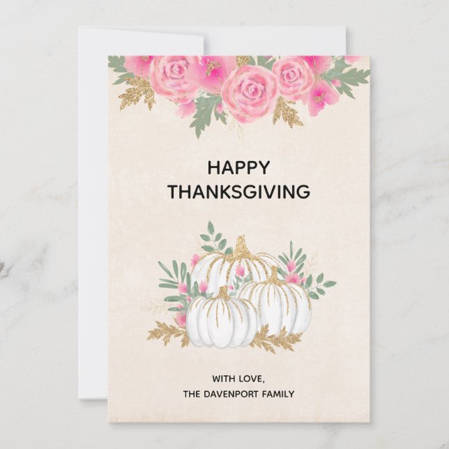 Cartes Pour Fêtes Annuelles Citrouilles blanches et dorées Aquarelle Thanksgiv (Devant)