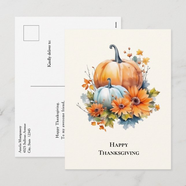 Cartes Pour Fêtes Annuelles Citrouilles d'automne avec fleurs Thanksgiving (Devant / Derrière)