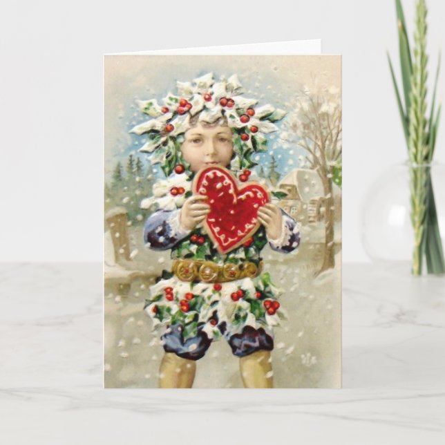 Cartes Pour Fêtes Annuelles Clapsaddle : Garçon de houx avec le coeur (Devant)