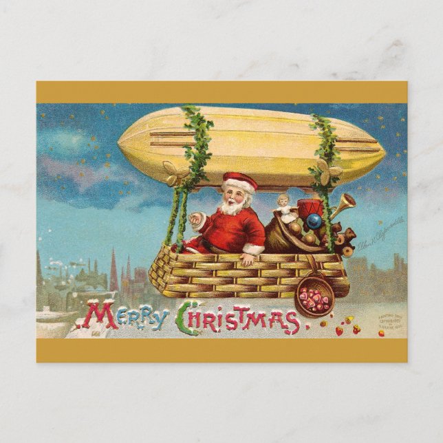 Cartes Pour Fêtes Annuelles Clapsaddle : Père Noël à Zeppelin (Devant)
