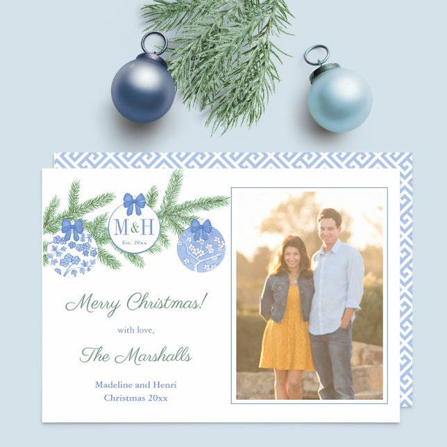Cartes Pour Fêtes Annuelles Classic 1er Marié Noël Nouveaux mariés Photo (Our First Christmas Blue And White Chinoiserie ornaments monogram photo Holidays card)