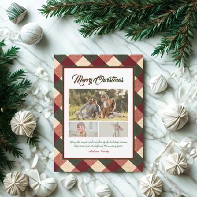 Cartes Pour Fêtes Annuelles Classic Christmas Red Green Plaid 3 Photo  (Créateur téléchargé)