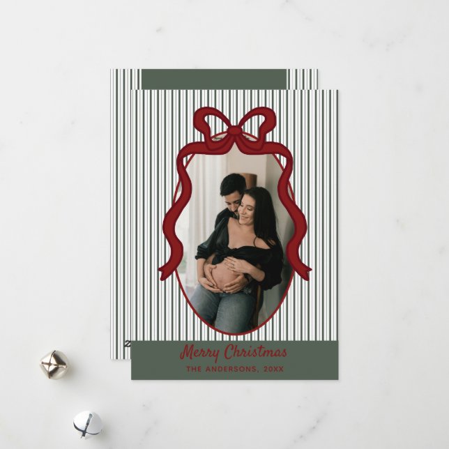 Cartes Pour Fêtes Annuelles Classic Dark Green Stripes & Red Bow Christmas (Devant/Arrière en situation)