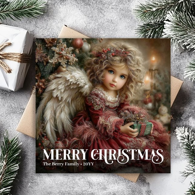Cartes Pour Fêtes Annuelles Classic Deep Red Victorian Angel Gold Christmas  (Classic Deep Red Victorian Angel Gold Christmas Card)