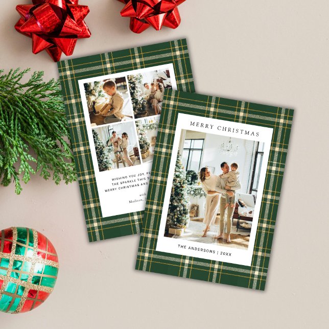 Cartes Pour Fêtes Annuelles Classic Green Plaid 5 Photo Christmas (Créateur téléchargé)