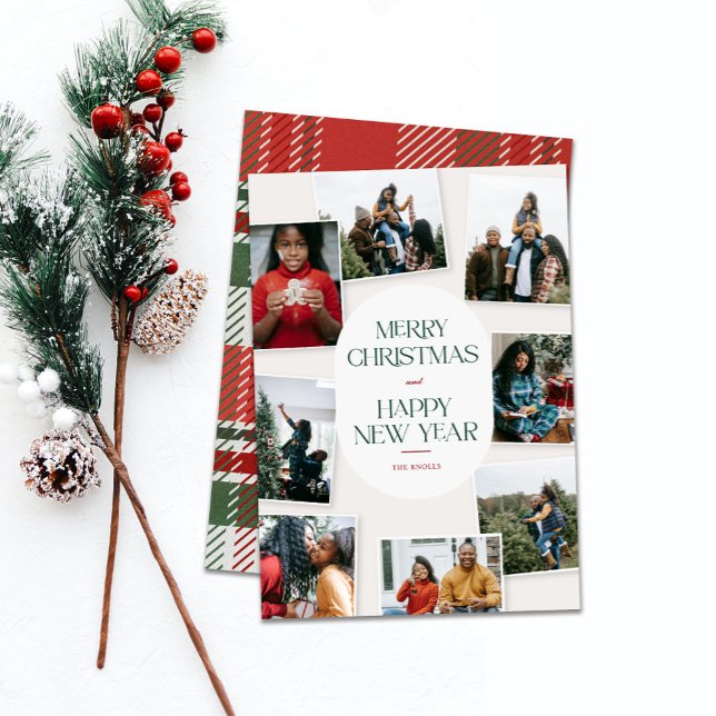 Cartes Pour Fêtes Annuelles Classic Joyeux Noël 8 Photo Collage (Merry Christmas and Happy New year card show with backside pattern on a white background with sprig)