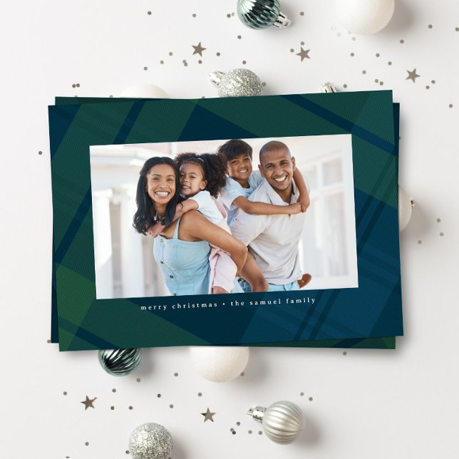 Cartes Pour Fêtes Annuelles Classic marine vert plaid simple photo de Noël (Créateur téléchargé)