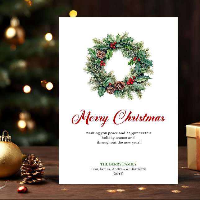 Cartes Pour Fêtes Annuelles Classic Pine Wreath Christmas Greeting Holiday  (Classic Pine Wreath Christmas Greeting Holiday Card)