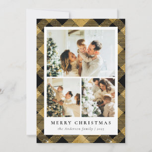 Cartes Pour Fêtes Annuelles Classic Plaid & Photo Collage Black Gold Noël