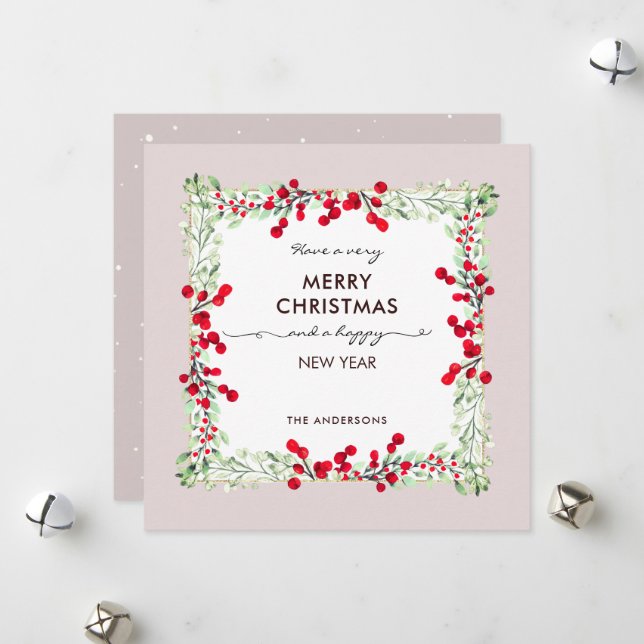 Cartes Pour Fêtes Annuelles Classic Red Green Botanical Peach XMas (Devant/Arrière en situation)