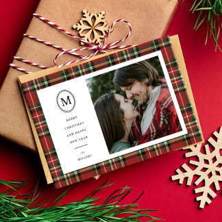 Cartes Pour Fêtes Annuelles Classic Red Plaid Noël Nom Monogramme 1 Photo