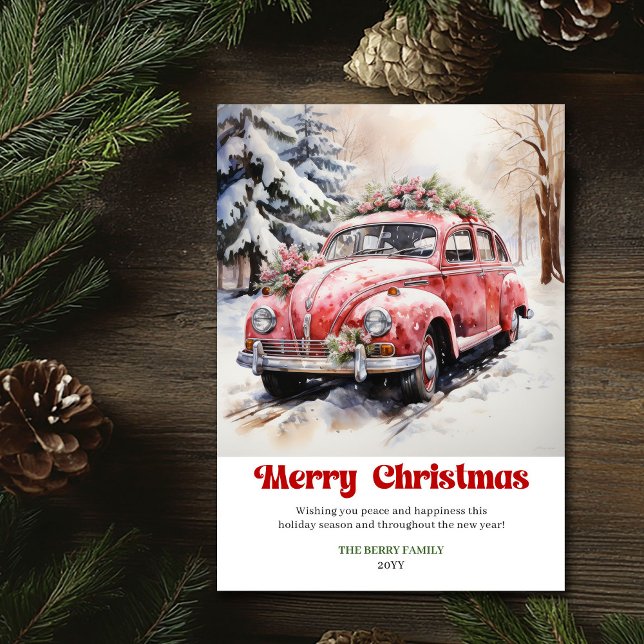 Cartes Pour Fêtes Annuelles Classic rustic Christmas scene pink car design (Classic rustic Christmas scene pink car design)