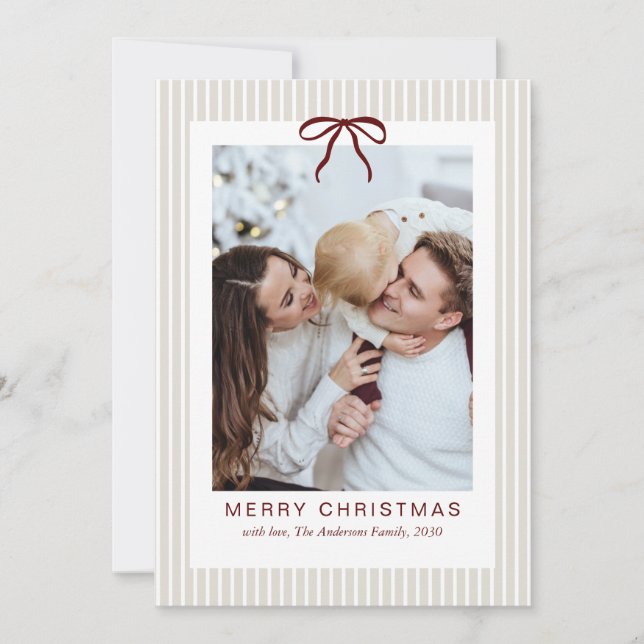 Cartes Pour Fêtes Annuelles Classic Stripes Red Bow Frame Christmas Photo  (Devant)