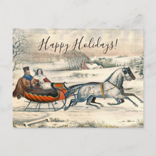 Cartes Pour Fêtes Annuelles Classique 1853 Traîneau Currier Ives Route Hiver