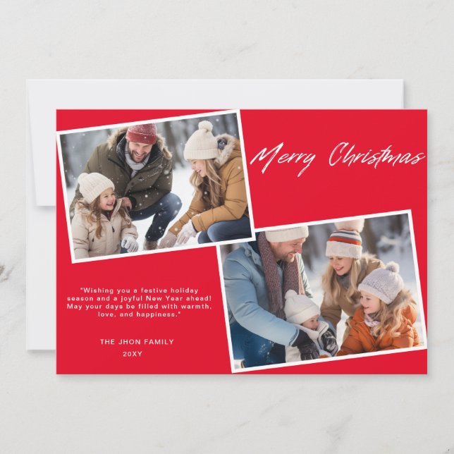 Cartes Pour Fêtes Annuelles Classique Joyeux Noël Famille Deux Photo Chic Roug (Devant)