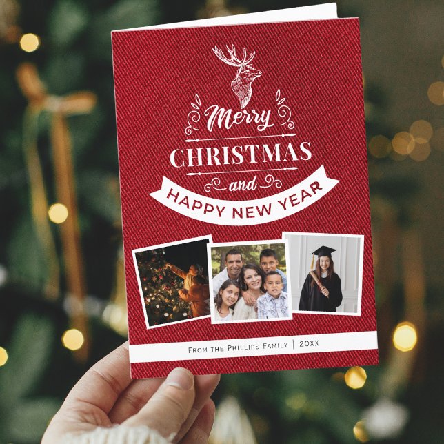 Cartes Pour Fêtes Annuelles Classique Rouge 3 Photo Famille Reindeer Noël (Merry Christmas and a Happy New Year greeting card with 3 of your photos and custom message.)