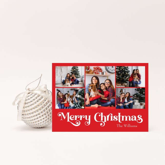 Cartes Pour Fêtes Annuelles Classique Simple Rouge Joyeux Noël Cinq Photo (Créateur téléchargé)