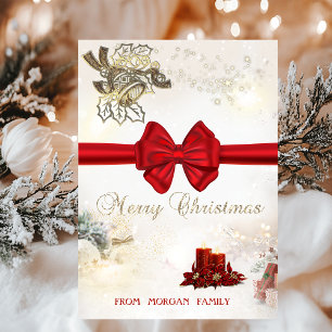 Cartes Pour Fêtes Annuelles Cloches de Noël Chic Or, Bougies, Bow Rouge