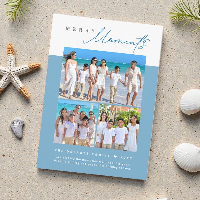 Cartes Pour Fêtes Annuelles Coastal blue Merry Moments family Photo collage (Coastal blue and white Merry Moments family beach vacation Christmas card.)