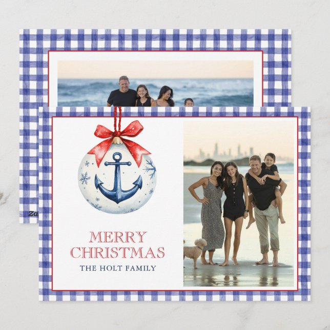 Cartes Pour Fêtes Annuelles Coastal Christmas Starfish Ornament Gingham Photo (Devant / Derrière)