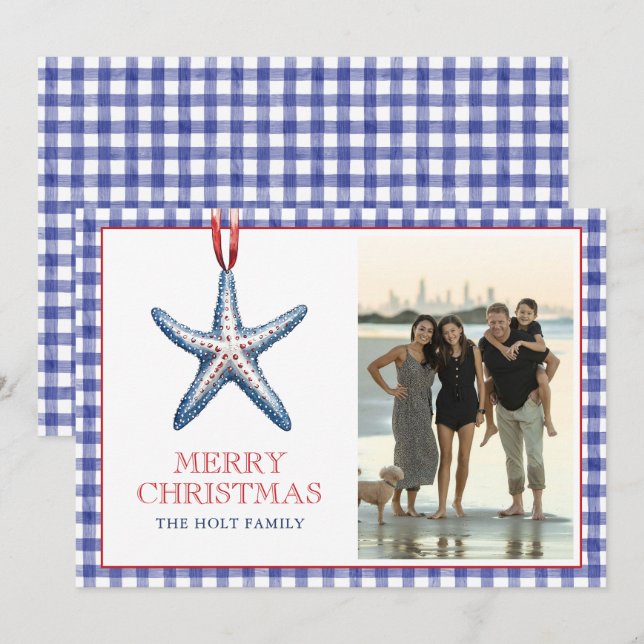 Cartes Pour Fêtes Annuelles Coastal Christmas Starfish Ornament Gingham Photo (Devant / Derrière)