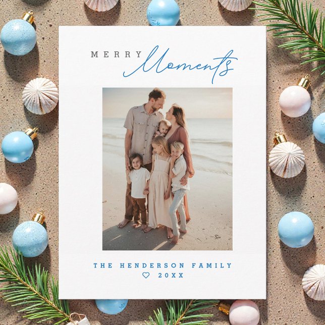 Cartes Pour Fêtes Annuelles Coastal Family Beach vacation Custom Holiday Photo (Modern, simple, coastal beach Merry Moments photo family holiday Christmas card.)